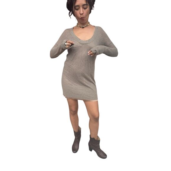 James Perse Wool Cashmere Loose Knit V-Neck Mini Dress Taupe Size 2 Small - Picture 4 of 9